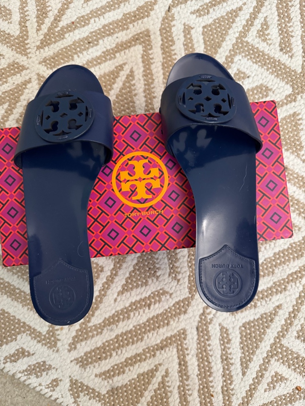 Tory Burch Navy Logo Slide Sandals